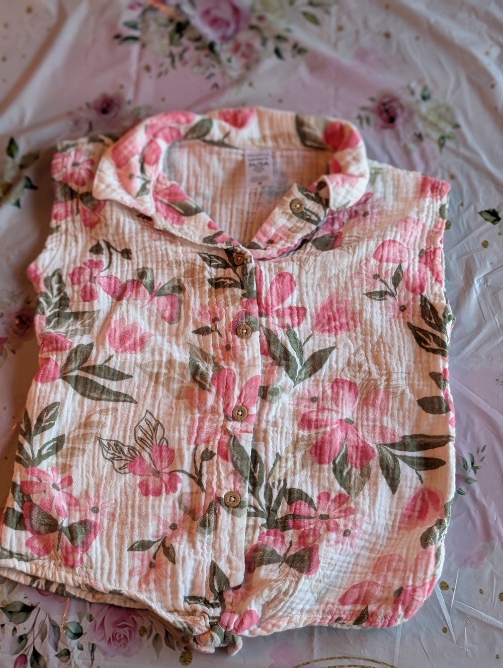 Carter's Pink Floral Button-Front Toddler Top with Green Leaves/ 5T